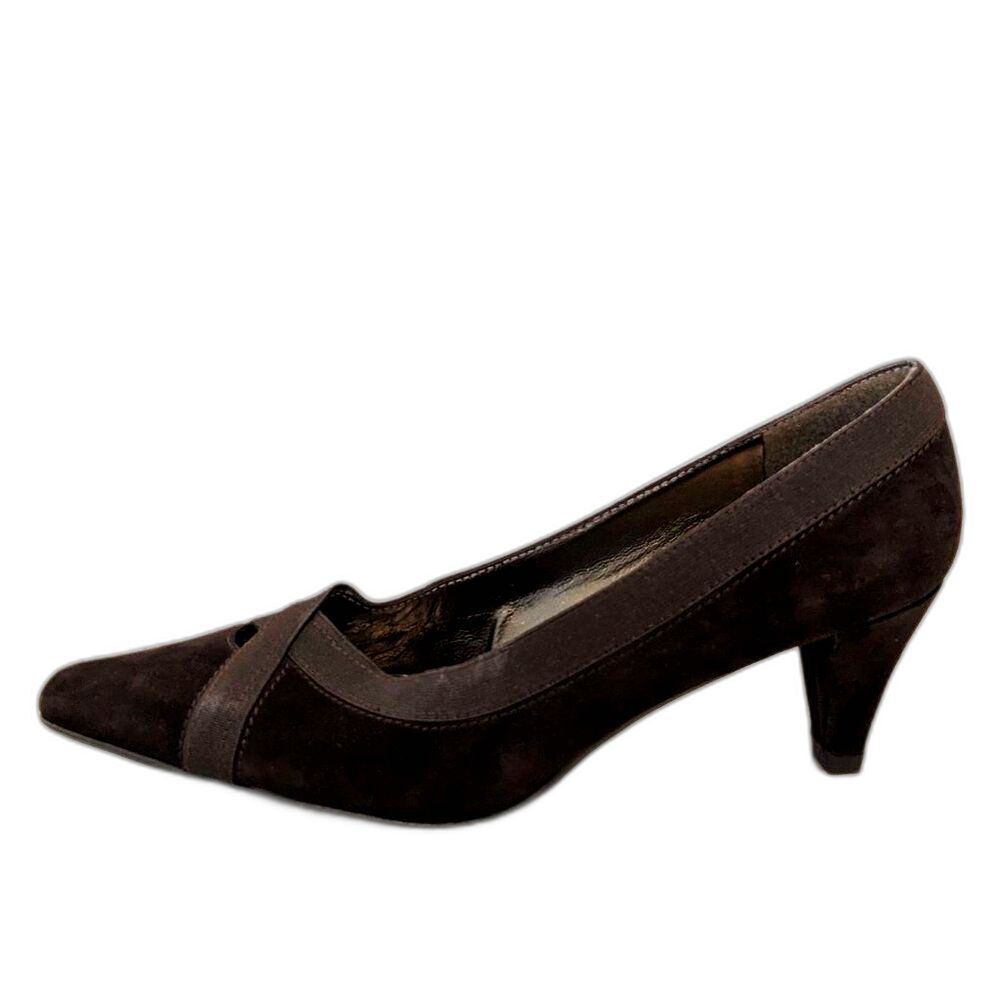 STUART WEITZMAN "Expo" Chocolate Brown Suede Ribbon Trim Kitten Heel Pumps Sz 6